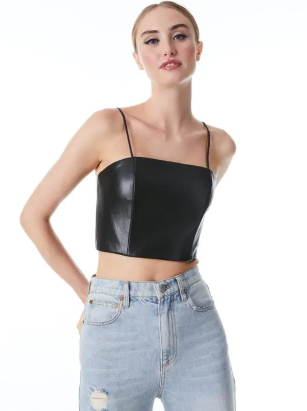Tops Women Alice Olivia PEARLE VEGAN LEATHER SPAGHETTI STRAP BUSTIER Black