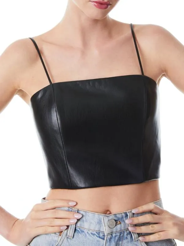 Tops Women Alice Olivia PEARLE VEGAN LEATHER SPAGHETTI STRAP BUSTIER Black