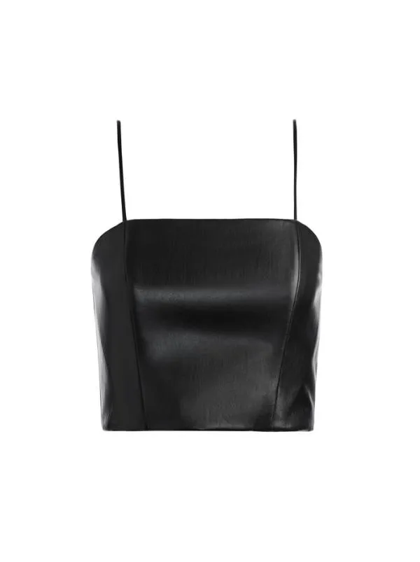 Tops Women Alice Olivia PEARLE VEGAN LEATHER SPAGHETTI STRAP BUSTIER Black
