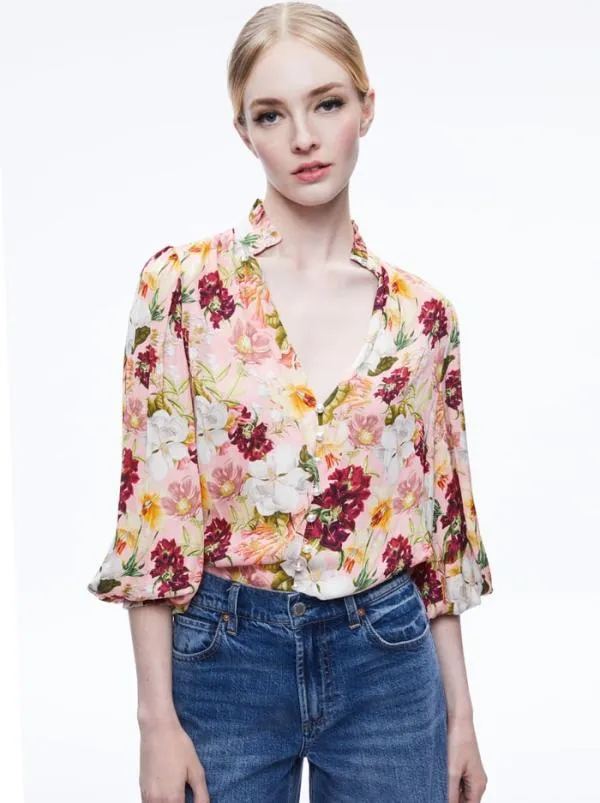 Tops Women Alice Olivia REILLY MANDARIN COLLAR BLOUSE Juniper Floral Rose