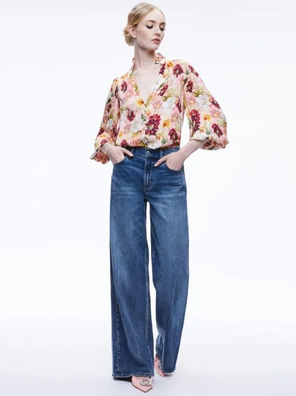 Tops Women Alice Olivia REILLY MANDARIN COLLAR BLOUSE Juniper Floral Rose