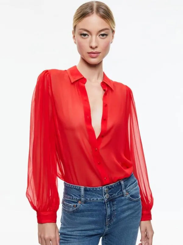 Tops Women Alice Olivia ROANNE BLOUSON SLEEVE BUTTON DOWN Bright Ruby