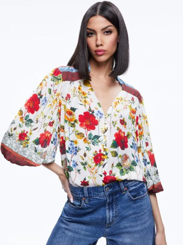 Tops Women Alice Olivia SERENA BUTTON FRONT BLOUSON SLEEVE TOP Dew Floral