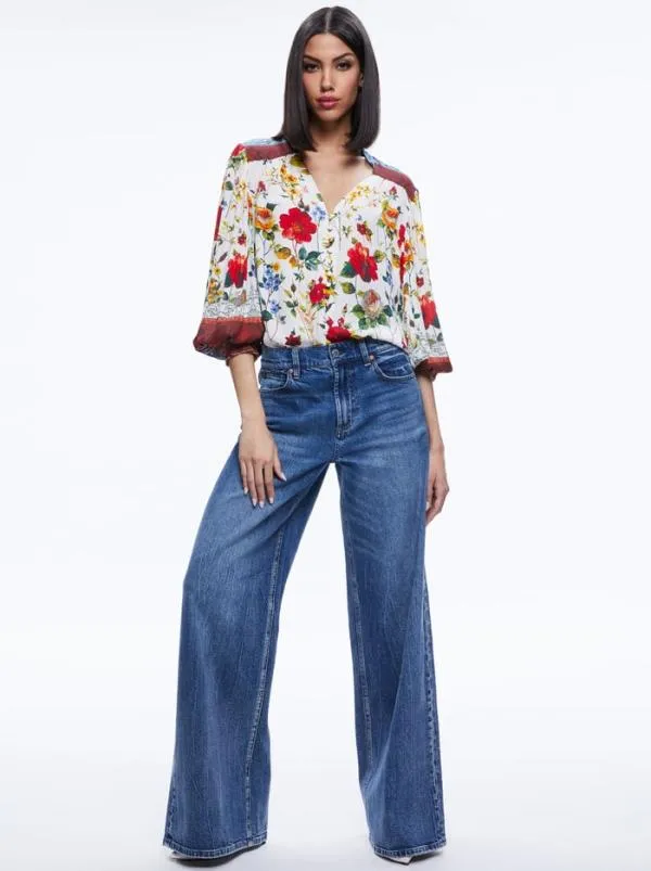 Tops Women Alice Olivia SERENA BUTTON FRONT BLOUSON SLEEVE TOP Dew Floral