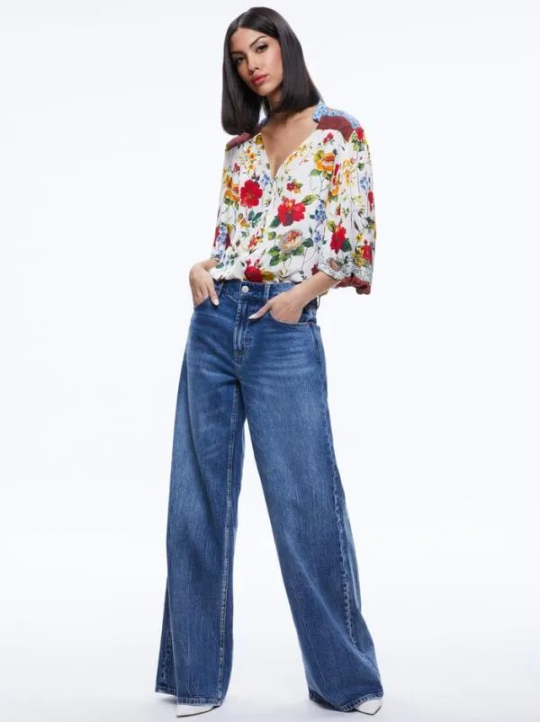 Tops Women Alice Olivia SERENA BUTTON FRONT BLOUSON SLEEVE TOP Dew Floral