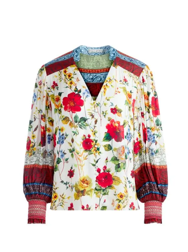 Tops Women Alice Olivia SERENA BUTTON FRONT BLOUSON SLEEVE TOP Dew Floral