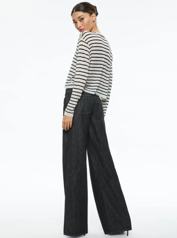 Tops Women Alice Olivia SHAROLYN KNIT CREW NECK TOP Ecrublack