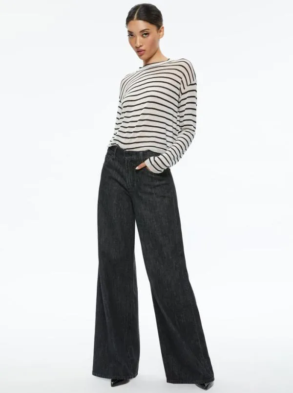 Tops Women Alice Olivia SHAROLYN KNIT CREW NECK TOP Ecrublack