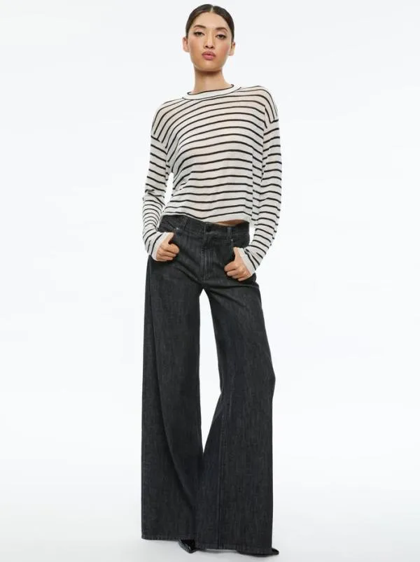 Tops Women Alice Olivia SHAROLYN KNIT CREW NECK TOP Ecrublack
