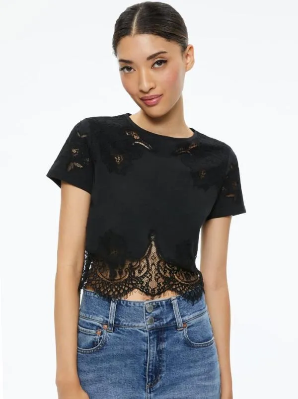 Tops Women Alice Olivia STEPHEN LACE DETAIL CROPPED TEE Black