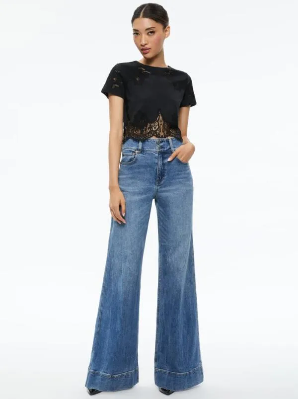 Tops Women Alice Olivia STEPHEN LACE DETAIL CROPPED TEE Black