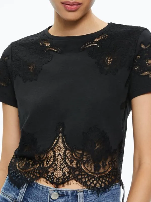 Tops Women Alice Olivia STEPHEN LACE DETAIL CROPPED TEE Black