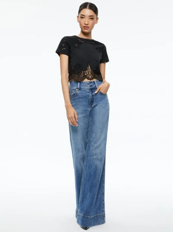 Tops Women Alice Olivia STEPHEN LACE DETAIL CROPPED TEE Black