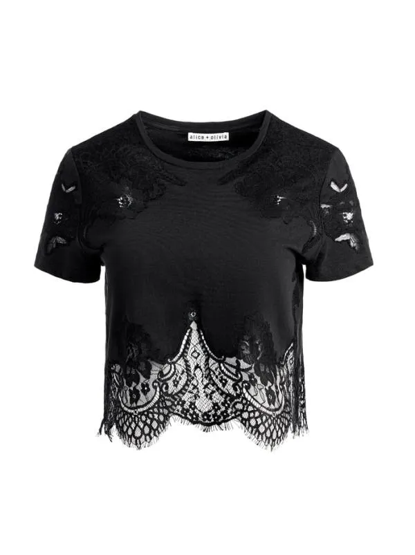 Tops Women Alice Olivia STEPHEN LACE DETAIL CROPPED TEE Black