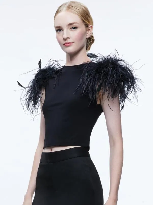 Tops Women Alice Olivia TAMICA FEATHER DETAIL TOP Black
