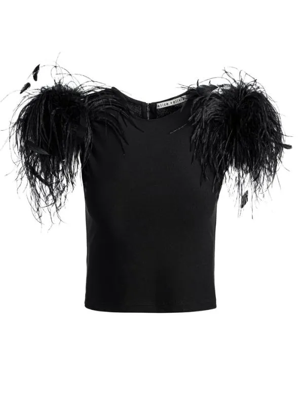 Tops Women Alice Olivia TAMICA FEATHER DETAIL TOP Black