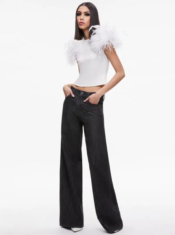 Tops Women Alice Olivia TAMICA FEATHER DETAIL TOP Ecru