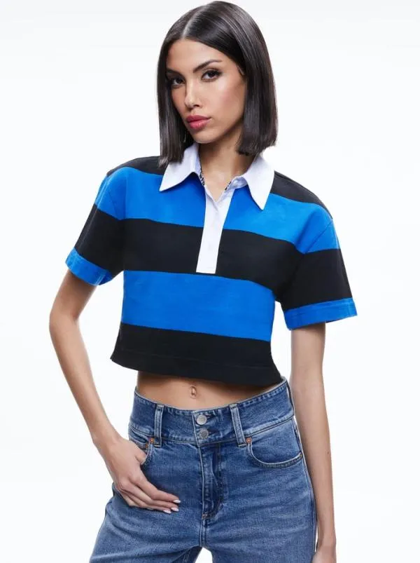 Tops Women Alice Olivia TREVA CROPPED POLO SHIRT Sapphireblack Stripe