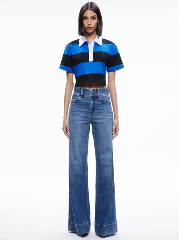 Tops Women Alice Olivia TREVA CROPPED POLO SHIRT Sapphireblack Stripe