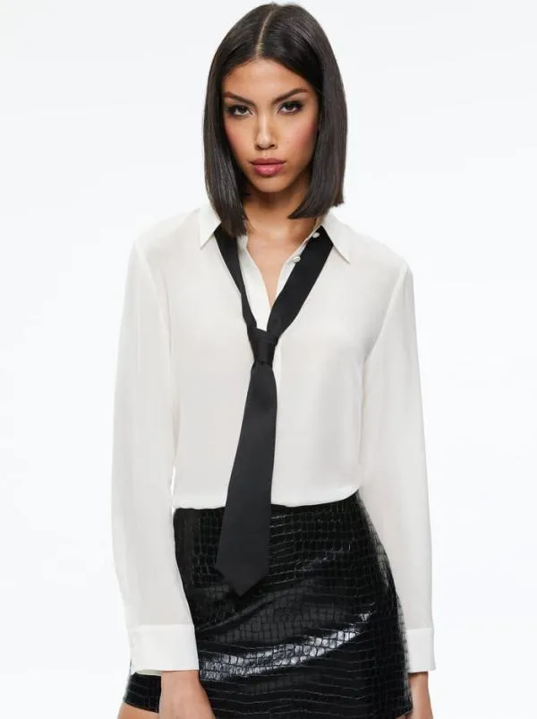 Tops Women Alice Olivia WILLA PLACKET TOP WITH TIE Ecrublack