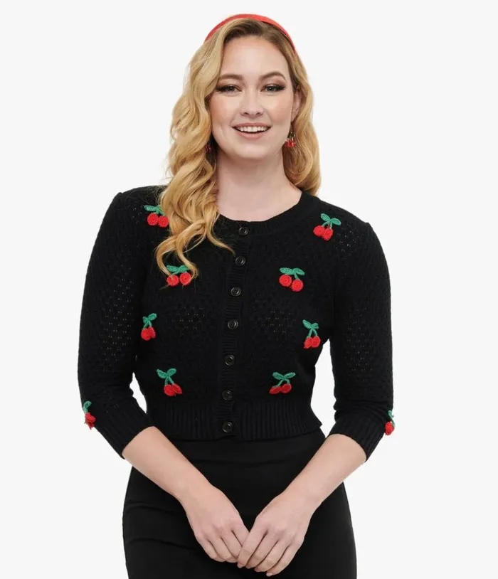 Vintage Style Black and Red Cherry ThreeQuarter Sleeve Knit Crop Cardigan Clothing Unique Vintage Sweaters and Cardigans Vintage Style Black and Red Cherry ThreeQuarter Sleeve Knit Crop Cardigan Clothing Unique Vintage Sweaters and Cardigans