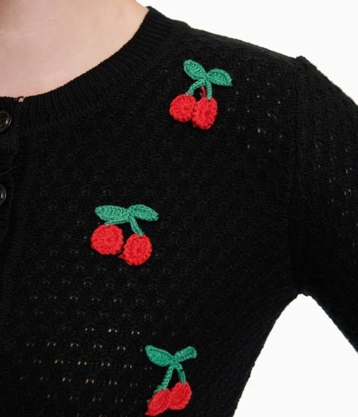 Vintage Style Black and Red Cherry ThreeQuarter Sleeve Knit Crop Cardigan Clothing Unique Vintage Sweaters and Cardigans