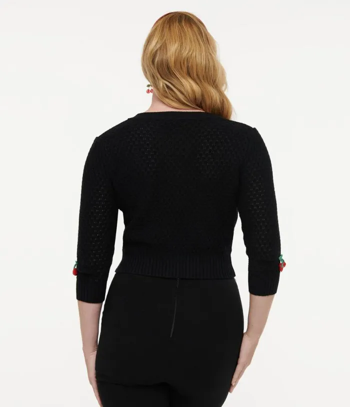 Vintage Style Black and Red Cherry ThreeQuarter Sleeve Knit Crop Cardigan Clothing Unique Vintage Sweaters and Cardigans