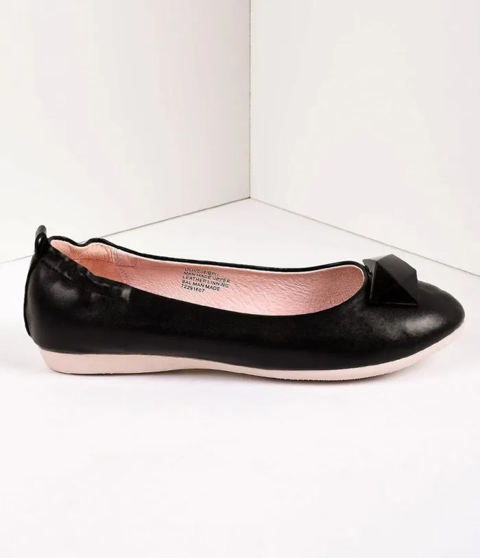 Vintage Style Black Leatherette and Geometric Gem Ballet Flats Shoes Unique Vintage Flats