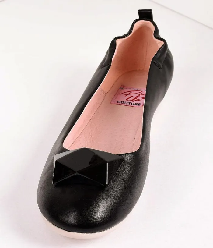 Vintage Style Black Leatherette and Geometric Gem Ballet Flats Shoes Unique Vintage Flats