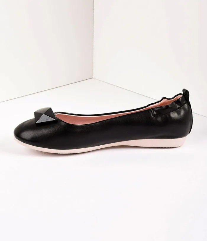 Vintage Style Black Leatherette and Geometric Gem Ballet Flats Shoes Unique Vintage Flats