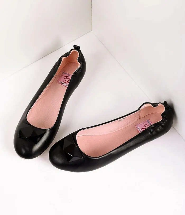 Vintage Style Black Leatherette and Geometric Gem Ballet Flats Shoes Unique Vintage Flats