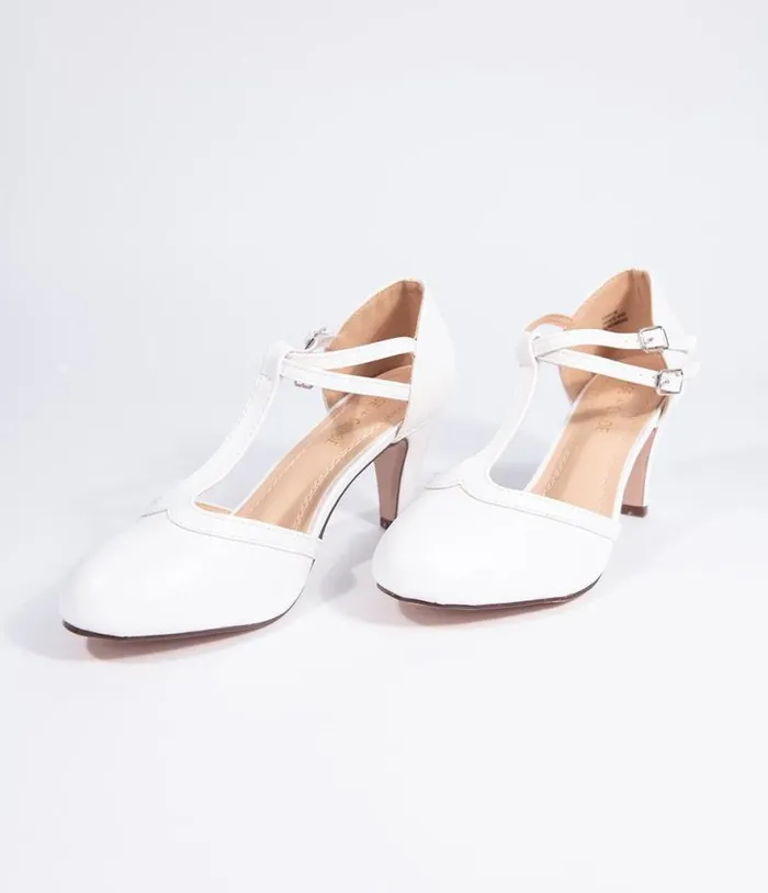 Vintage Style White Leatherette Round Toe TStrap Heels Shoes Unique Vintage Heels