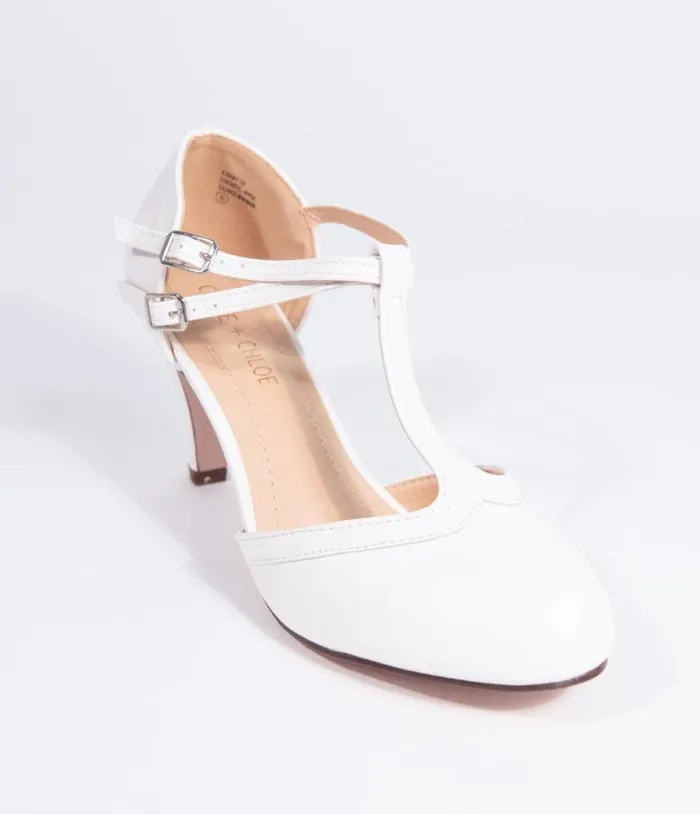 Vintage Style White Leatherette Round Toe TStrap Heels Shoes Unique Vintage Heels