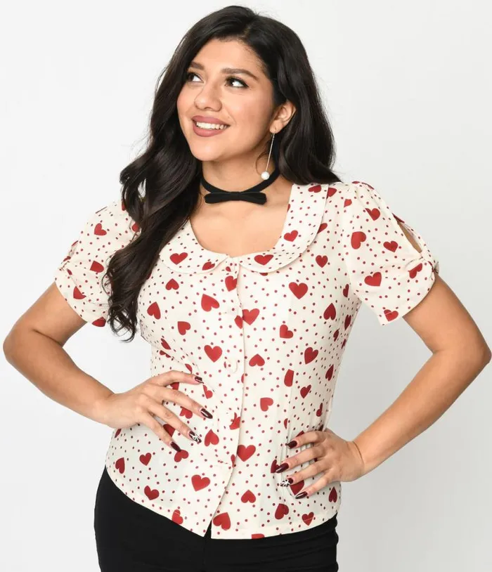 Voodoo Vixen 1940s Cream and Heart Polka Dot Button Up Blouse Clothing Unique Vintage Blouses