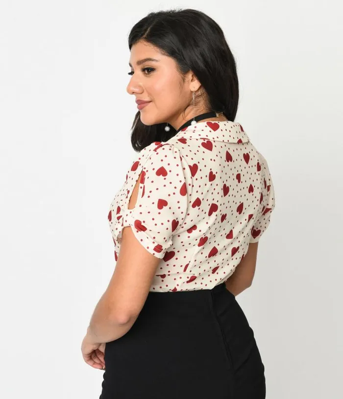 Voodoo Vixen 1940s Cream and Heart Polka Dot Button Up Blouse Clothing Unique Vintage Blouses