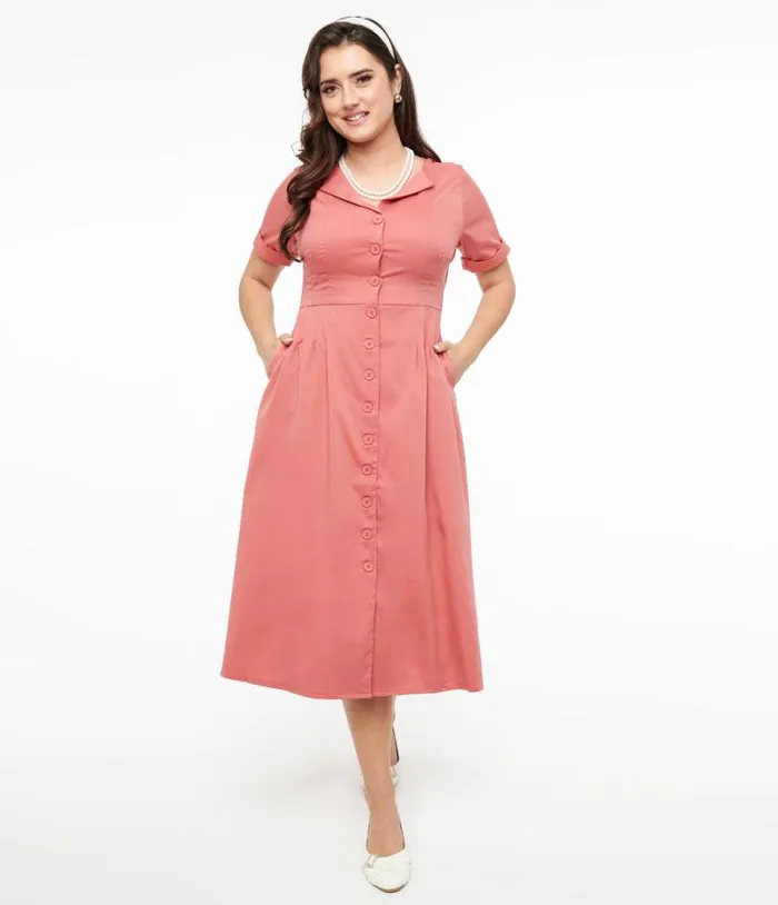 Voodoo Vixen 1940s Pink Midi Shirt Dress Dresses Unique Vintage Pocket Dresses Voodoo Vixen 1940s Pink Midi Shirt Dress Dresses Unique Vintage Pocket Dresses