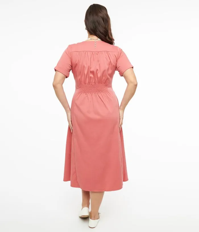 Voodoo Vixen 1940s Pink Midi Shirt Dress Dresses Unique Vintage Pocket Dresses