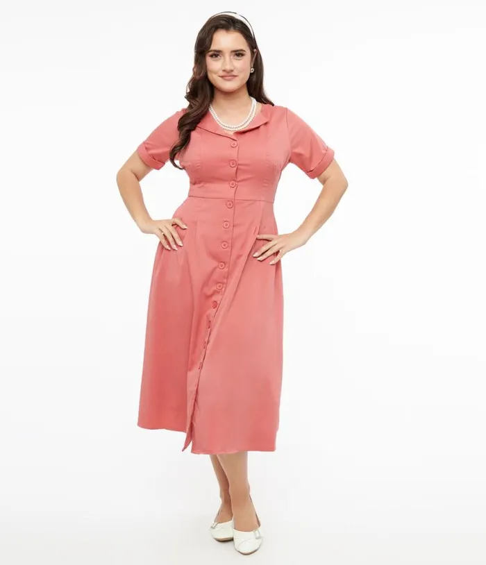 Voodoo Vixen 1940s Pink Midi Shirt Dress Dresses Unique Vintage Pocket Dresses