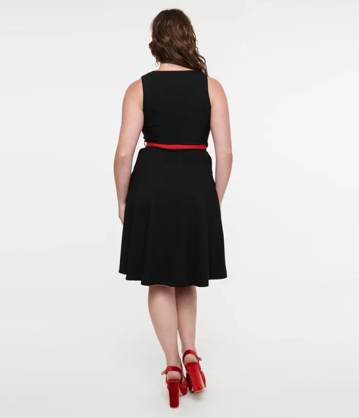 Voodoo Vixen 1950s Black and Red Western Rose Swing Dress DressesPlus Unique Vintage Pocket Dresses