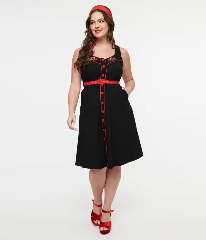 Voodoo Vixen 1950s Black and Red Western Rose Swing Dress DressesPlus Unique Vintage Pocket Dresses