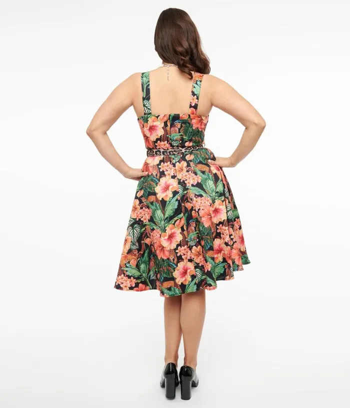 Voodoo Vixen 1950s Black Jaguar Jungle Print Fit and Flare Dress Dresses Unique Vintage Pocket Dresses