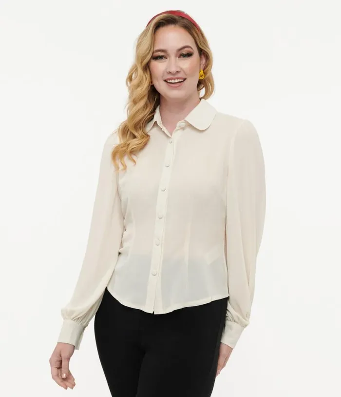 Voodoo Vixen 1950s Cream Peter Pan Collar Blouse ClothingPlus Unique Vintage Blouses