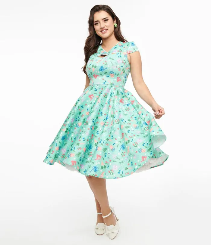 Voodoo Vixen 1950s Mint Green English Country Garden Print Fit and Flare Dress Dresses Unique Vintage Pocket Dresses Voodoo Vixen 1950s Mint Green English Country Garden Print Fit and Flare Dress Dresses Unique Vintage Pocket Dresses