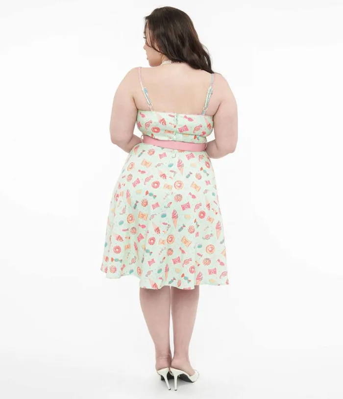 Voodoo Vixen 1950s Mint Green Sweet Tooth Print Fit and Flare Dress Dresses Unique Vintage Pocket Dresses