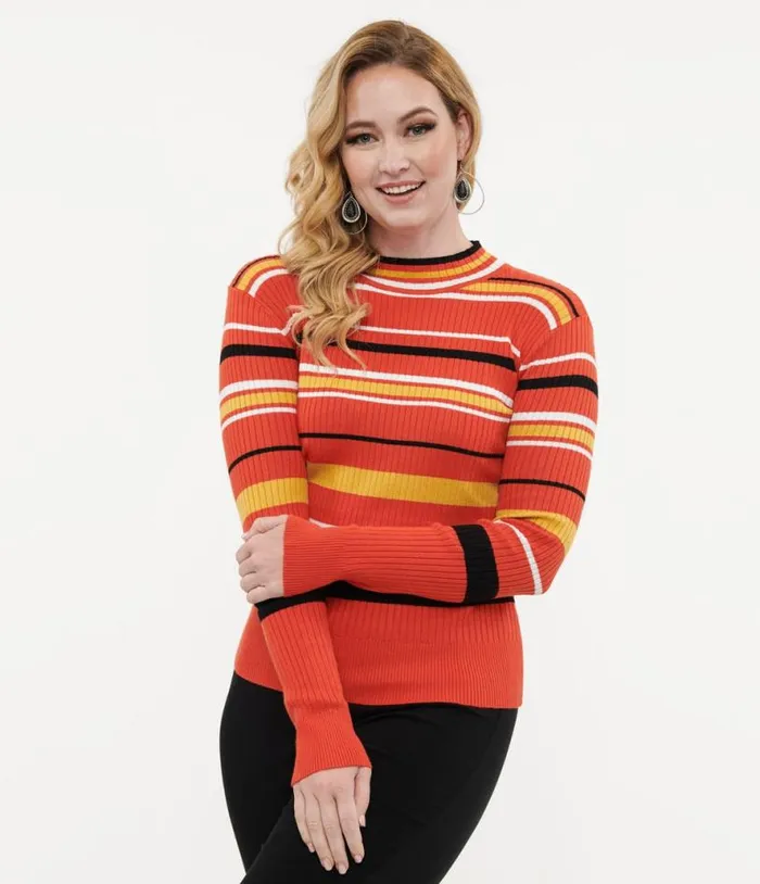 Voodoo Vixen 1970s Orange Striped High Neck Sweater ClothingPlus Unique Vintage Sweaters and Cardigans Voodoo Vixen 1970s Orange Striped High Neck Sweater ClothingPlus Unique Vintage Sweaters and Cardigans