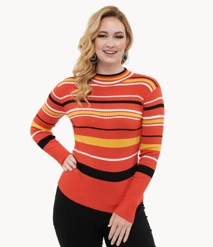Voodoo Vixen 1970s Orange Striped High Neck Sweater ClothingPlus Unique Vintage Sweaters and Cardigans