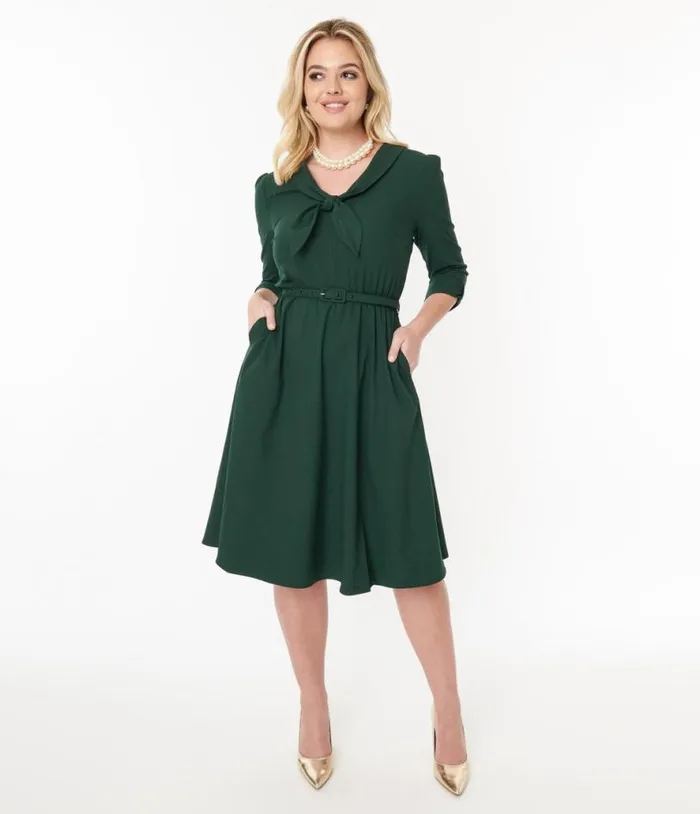 Voodoo Vixen Green Neck Tie Swing Dress DressesPlus Unique Vintage Pocket Dresses