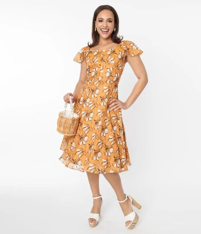 Voodoo Vixen Mustard and White Floral Swing Dress DressesPlus Unique Vintage Swing Voodoo Vixen Mustard and White Floral Swing Dress DressesPlus Unique Vintage Swing