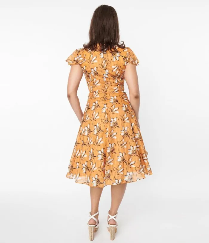 Voodoo Vixen Mustard and White Floral Swing Dress DressesPlus Unique Vintage Swing