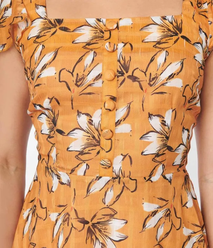 Voodoo Vixen Mustard and White Floral Swing Dress DressesPlus Unique Vintage Swing